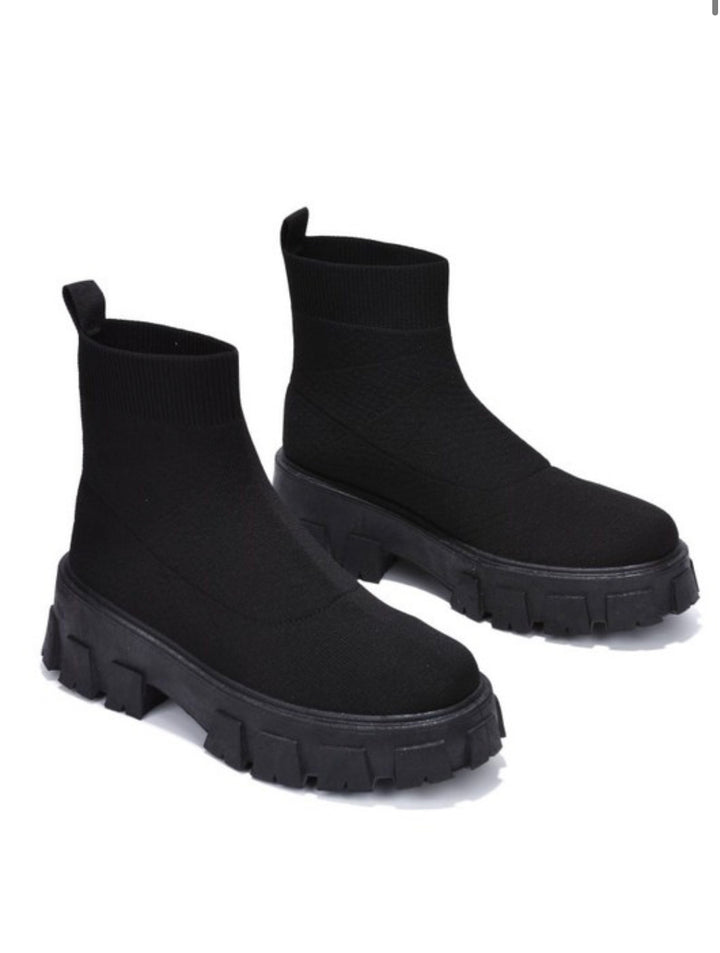 Black Knit Lug Sole Platform Booties | Chunky Chelsea Style Boots- Breana