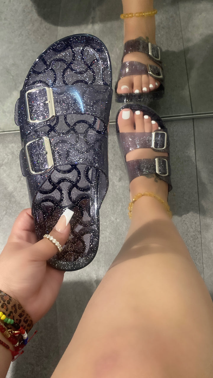 Black Glitter Jelly Double Buckle Slide Sandals - Asya
